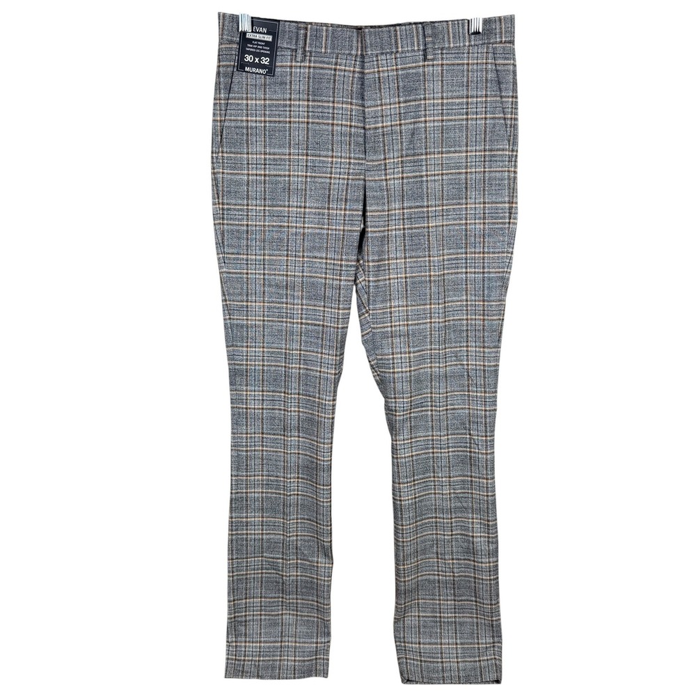 Murano Evan Extra Slim Plaid Dress Pants Mens 30x32 Grey Flat Front Tapered NEW